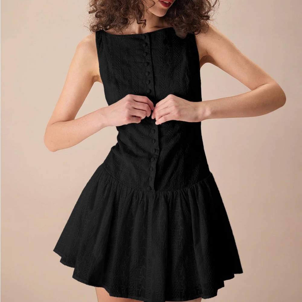 Women's Black Boat Neck Jacquard Cotton Mini Dress
